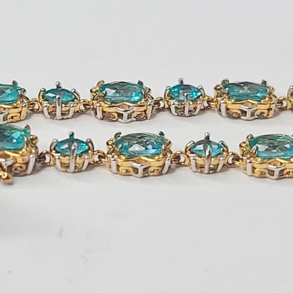 Gems En Vogue | NWT 8" Cushion Cut Paraiba Topaz 18k Gold Sterling Line Bracelet - Picture 4 of 9